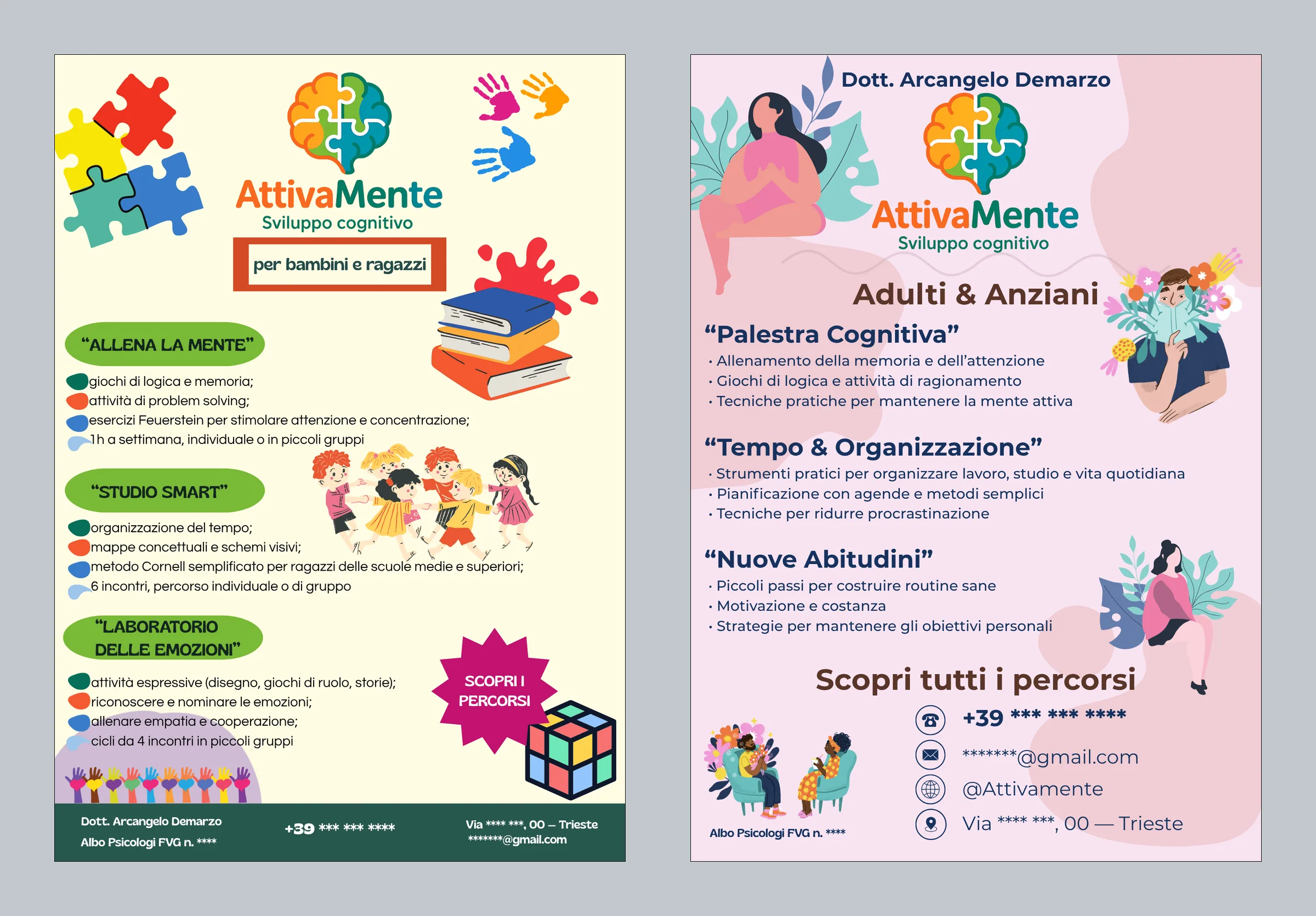 I due volantini AttivaMente affiancati: quello per bambini e ragazzi su fondo panna, quello per adulti e over 60 su fondo rosa.